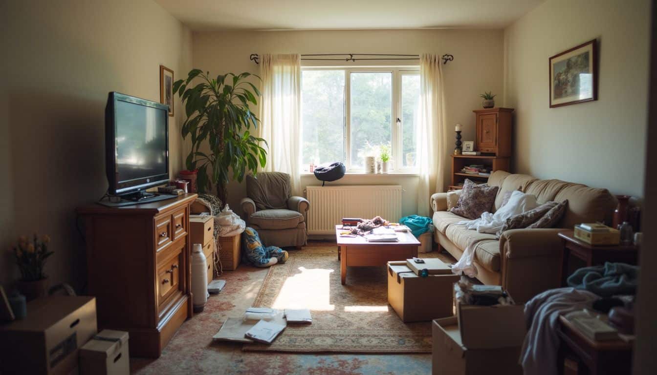 A messy living room filled with scattered boxes and personal items, suggesting someone is packing or organizing.
