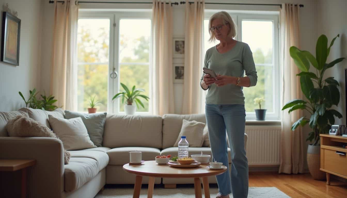 A woman in her late 40s tidies her lived-in living room, reflecting a natural and comfortable home atmosphere.
