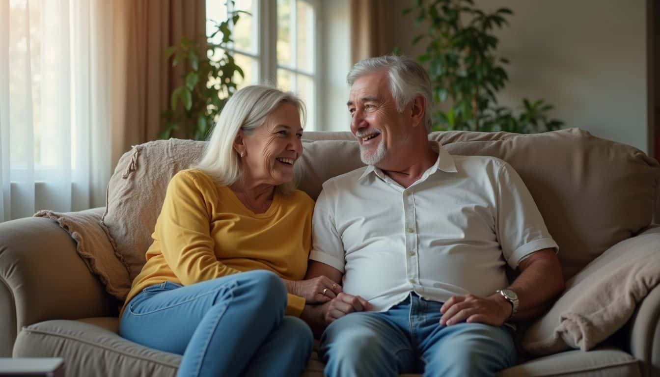 A relaxed middle-aged couple chats about home improvement in their cozy living room filled with everyday items.