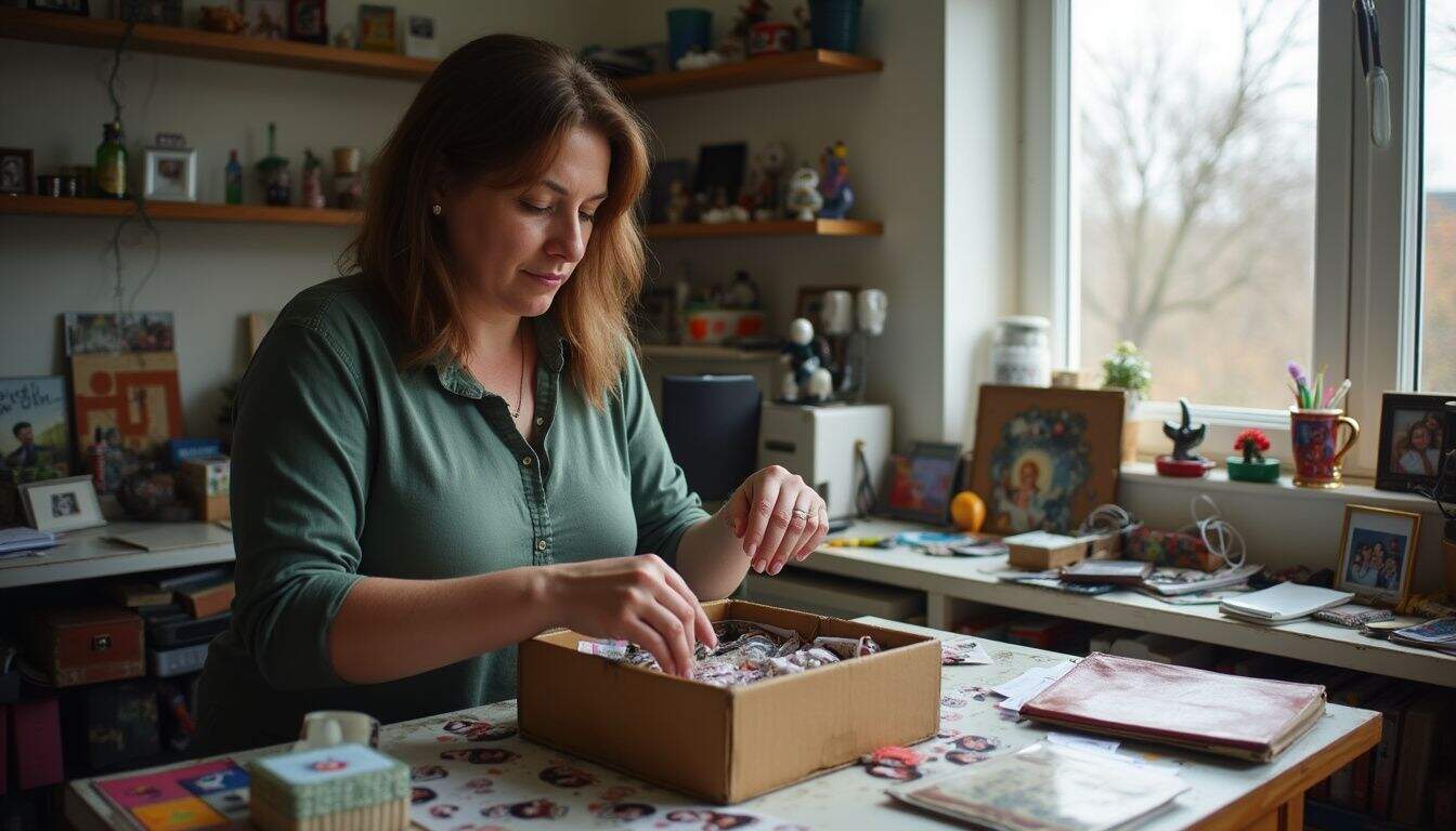 A woman in her 40s organizes keepsakes on a cluttered table, surrounded by family photos and mementos.