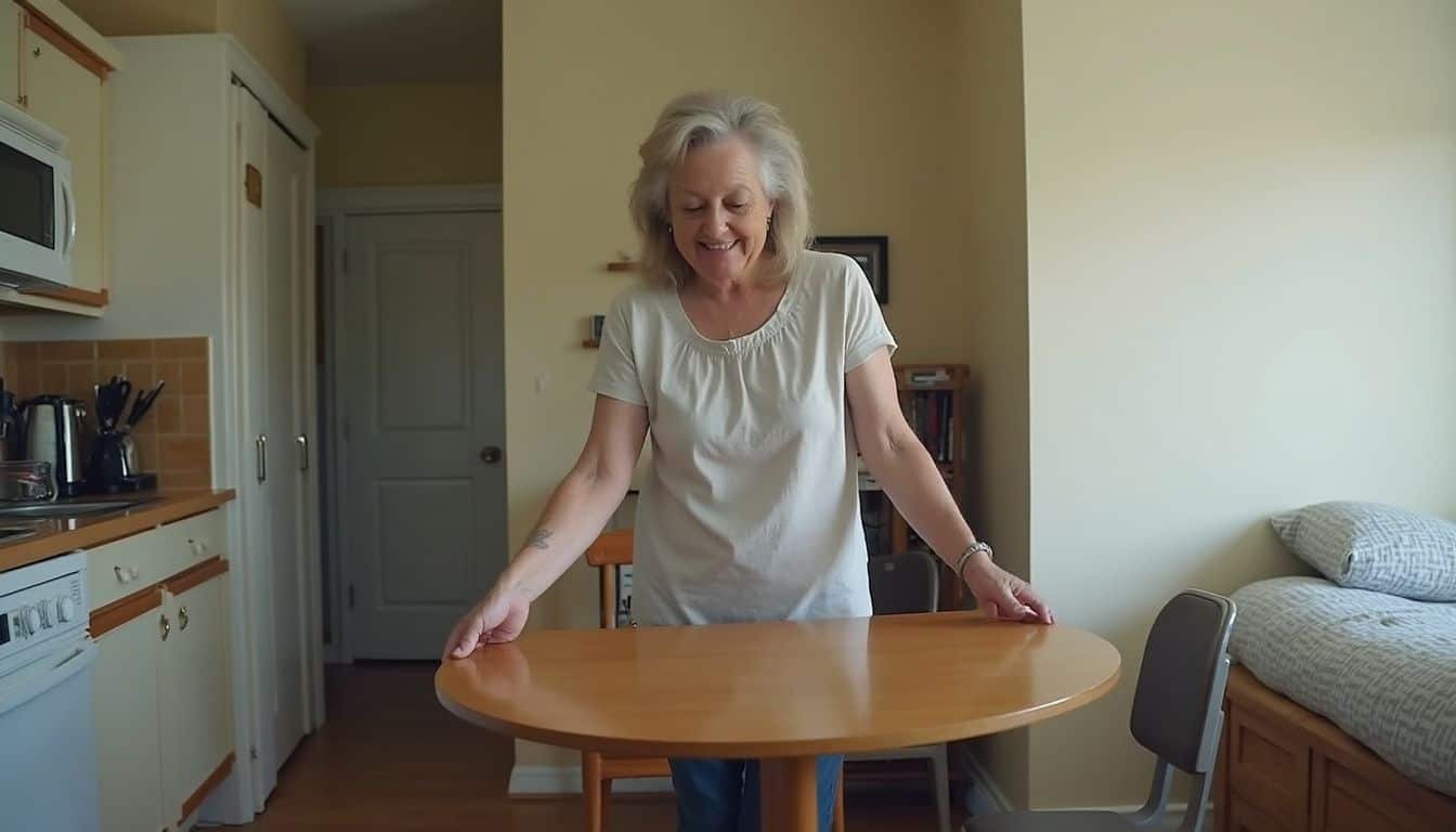 A woman in her 50s smiles while unfolding a drop-leaf table in her cozy, lived-in kitchen.