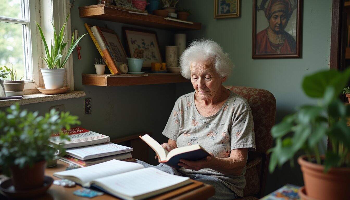 An older woman reads a book in her cozy, cluttered home filled with plants and art supplies.