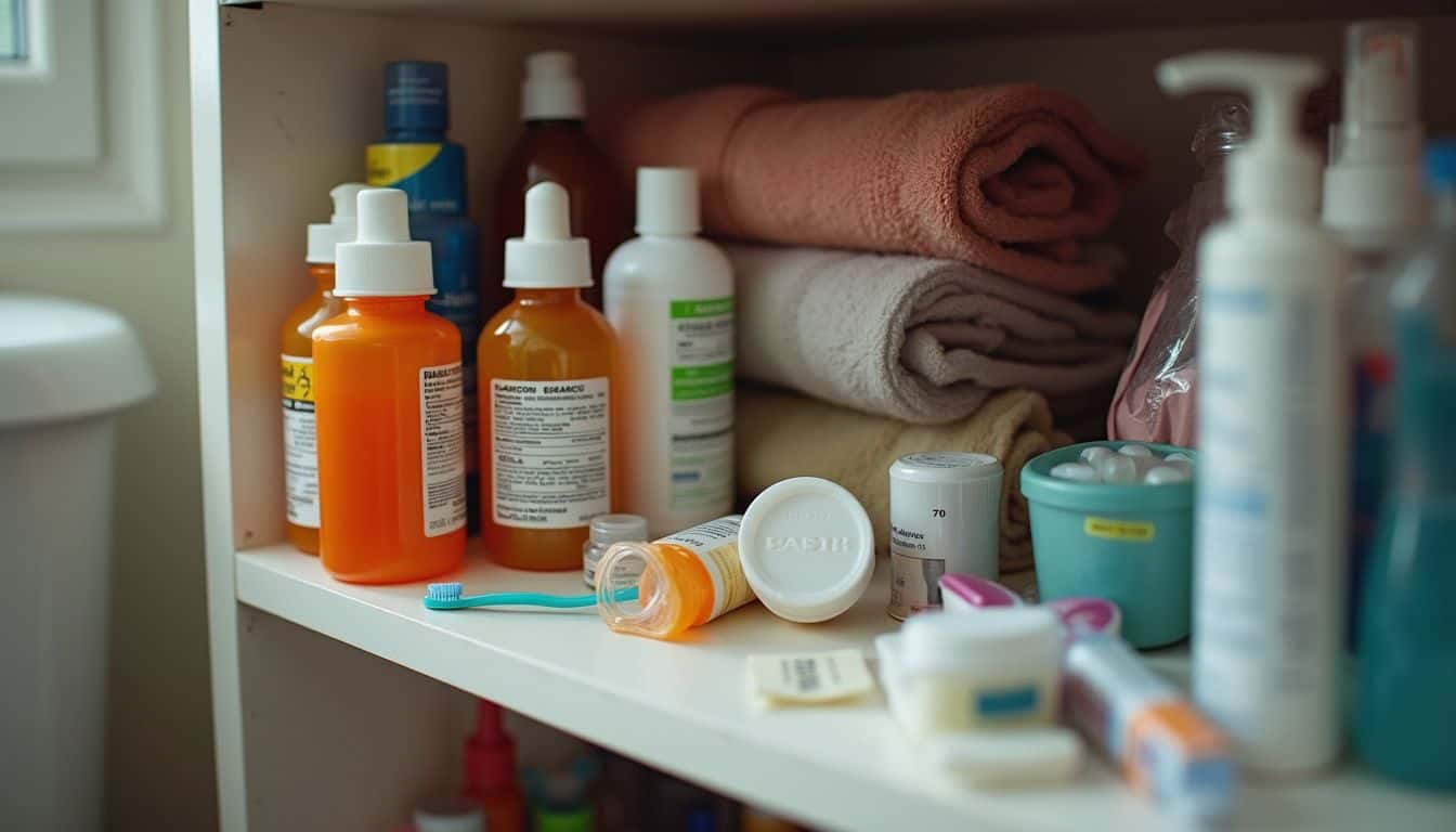 A cluttered bathroom cabinet features worn towels, mismatched toiletries, and expired medicine, reflecting everyday life.