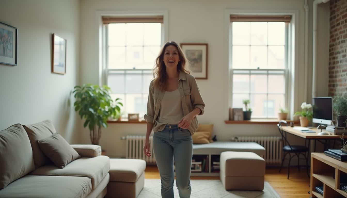 A woman in her 30s smiles while rearranging furniture in her cozy, lived-in urban apartment.