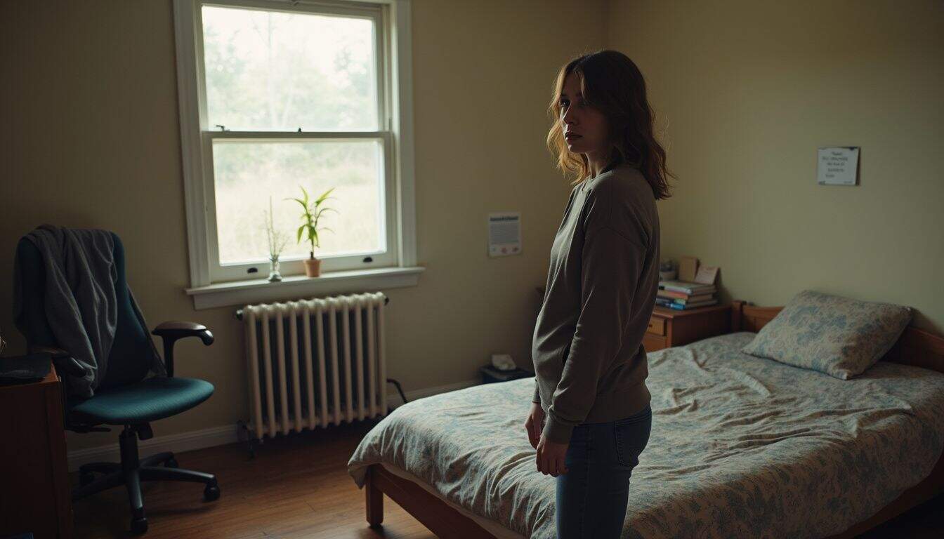 A casual bedroom with worn furniture, everyday clutter, and a relaxed person embodies a lived-in, familiar atmosphere.