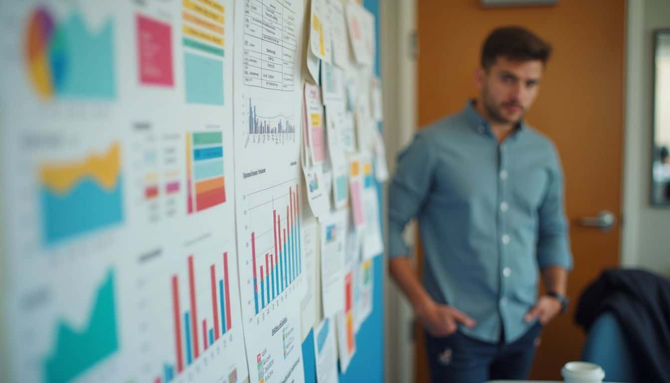 A workplace bulletin board shows colorful safety charts and progress trackers. A workplace bulletin board shows colorful safety charts and progress trackers.