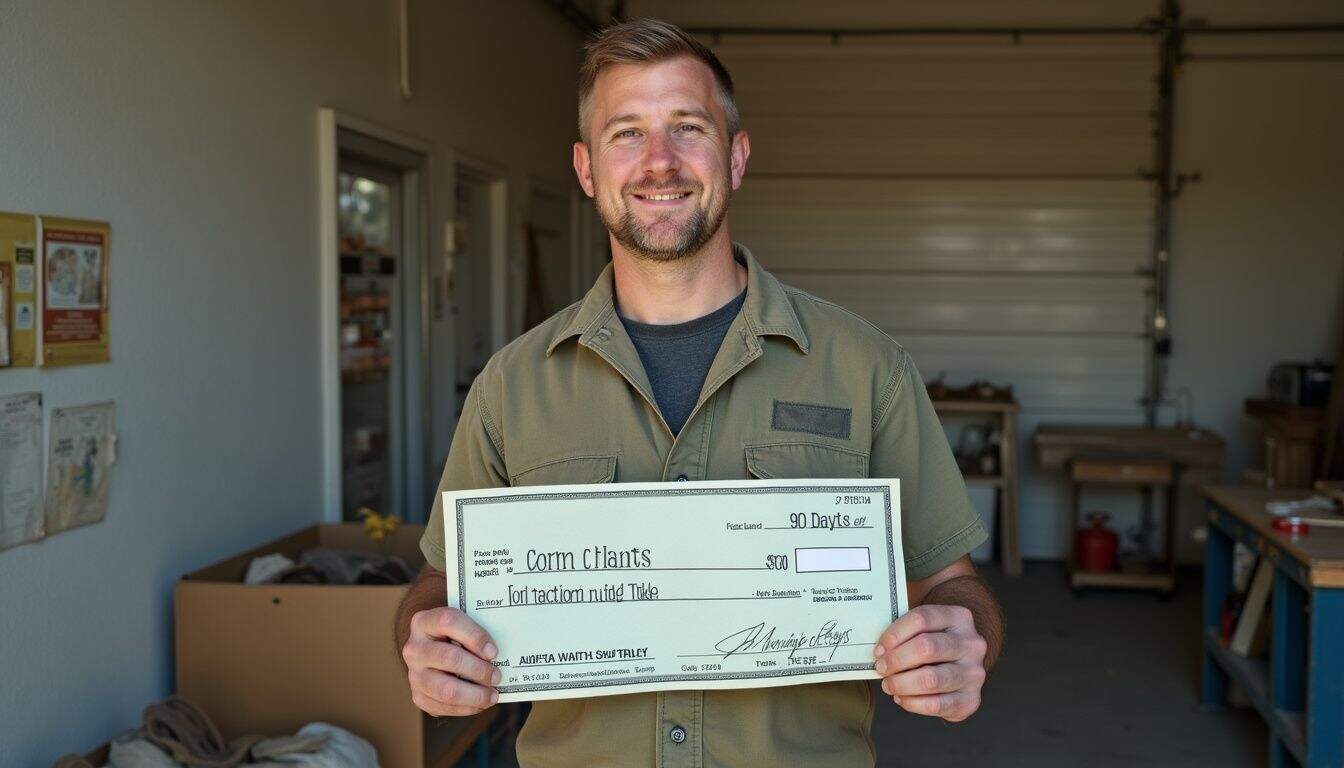 A worker in a warehouse holds a $100 bonus check for 90 safe days. A worker in a warehouse holds a $100 bonus check for 90 safe days.