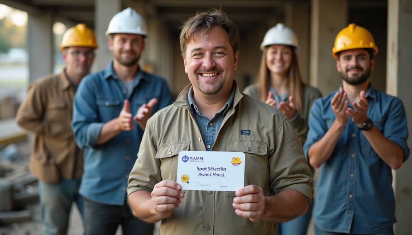 A construction worker receives a Spot Safety Award gift card while coworkers cheer. A construction worker receives a Spot Safety Award gift card while coworkers cheer.
