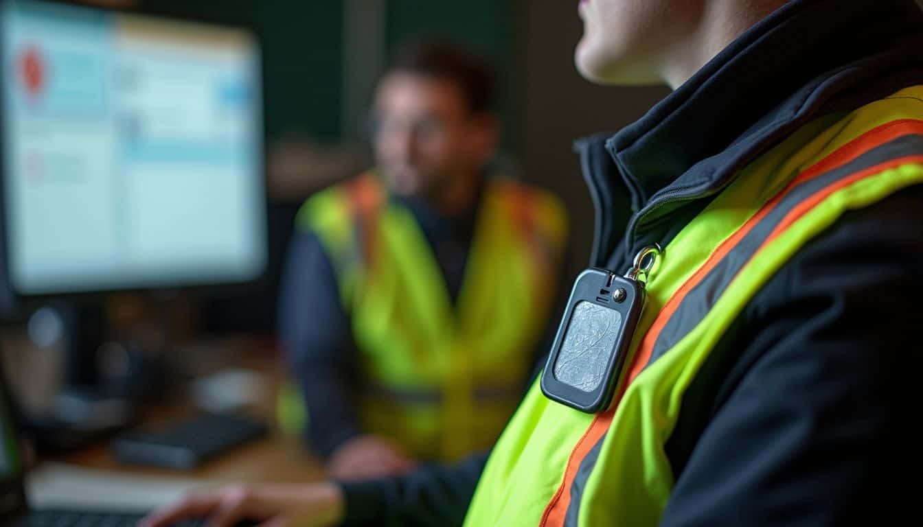 A high-visibility vest with a smart badge sits on an industrial desk. A high-visibility vest with a smart badge sits on an industrial desk.