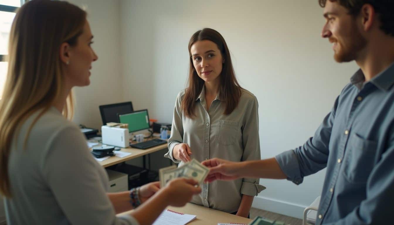 A manager hands cash to a smiling employee in a casual office. A manager hands cash to a smiling employee in a casual office.