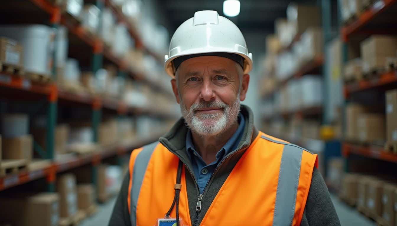 A veteran worker in a hard hat stands near warehouse shelves, looking confident. A veteran worker in a hard hat stands near warehouse shelves, looking confident.