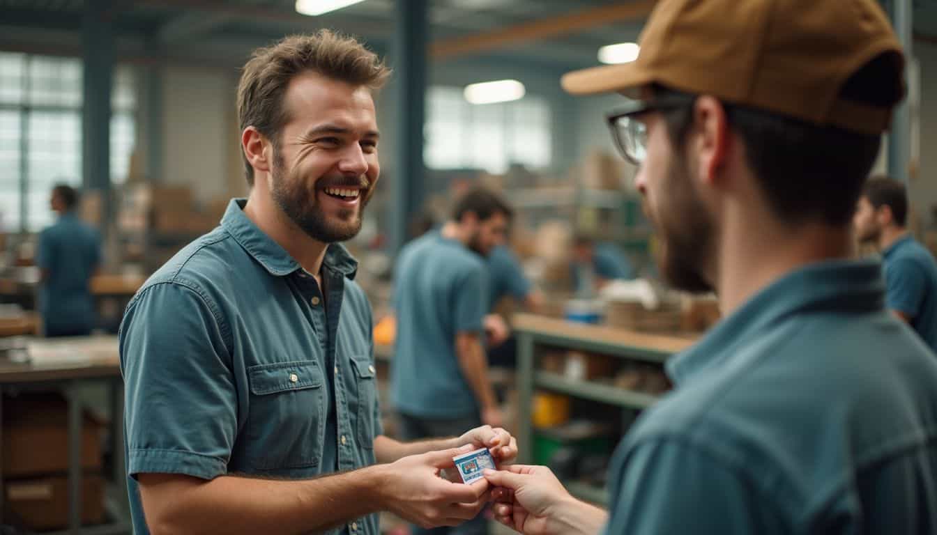 A worker accepts a gift card from a coworker in a busy workshop. A worker accepts a gift card from a coworker in a busy workshop.