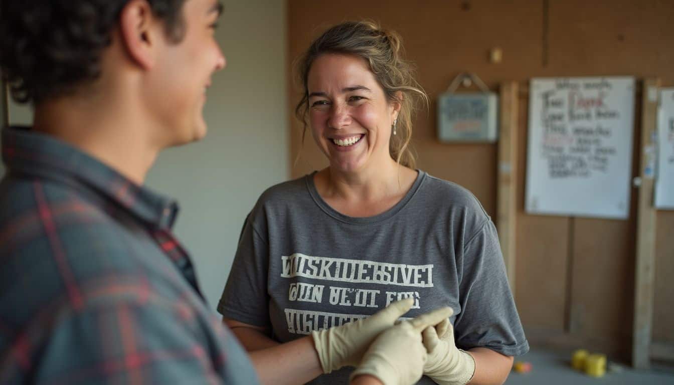 A smiling worker receives new gloves on a job site after 30 safe days.