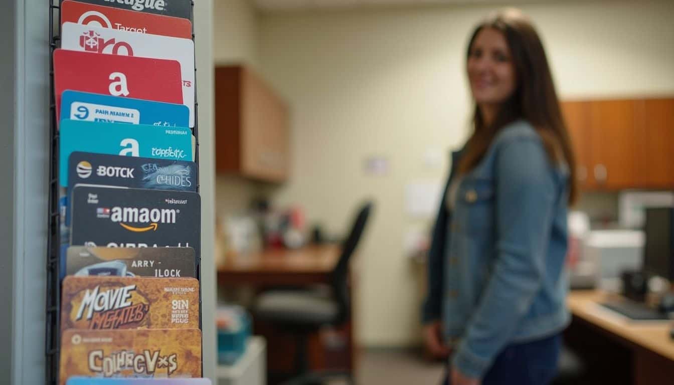 A workplace display shows many gift cards used for safety rewards. A workplace display shows many gift cards used for safety rewards.