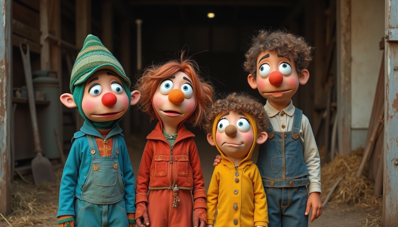 A family of four in bright puppet costumes posing playfully in a rustic barn.