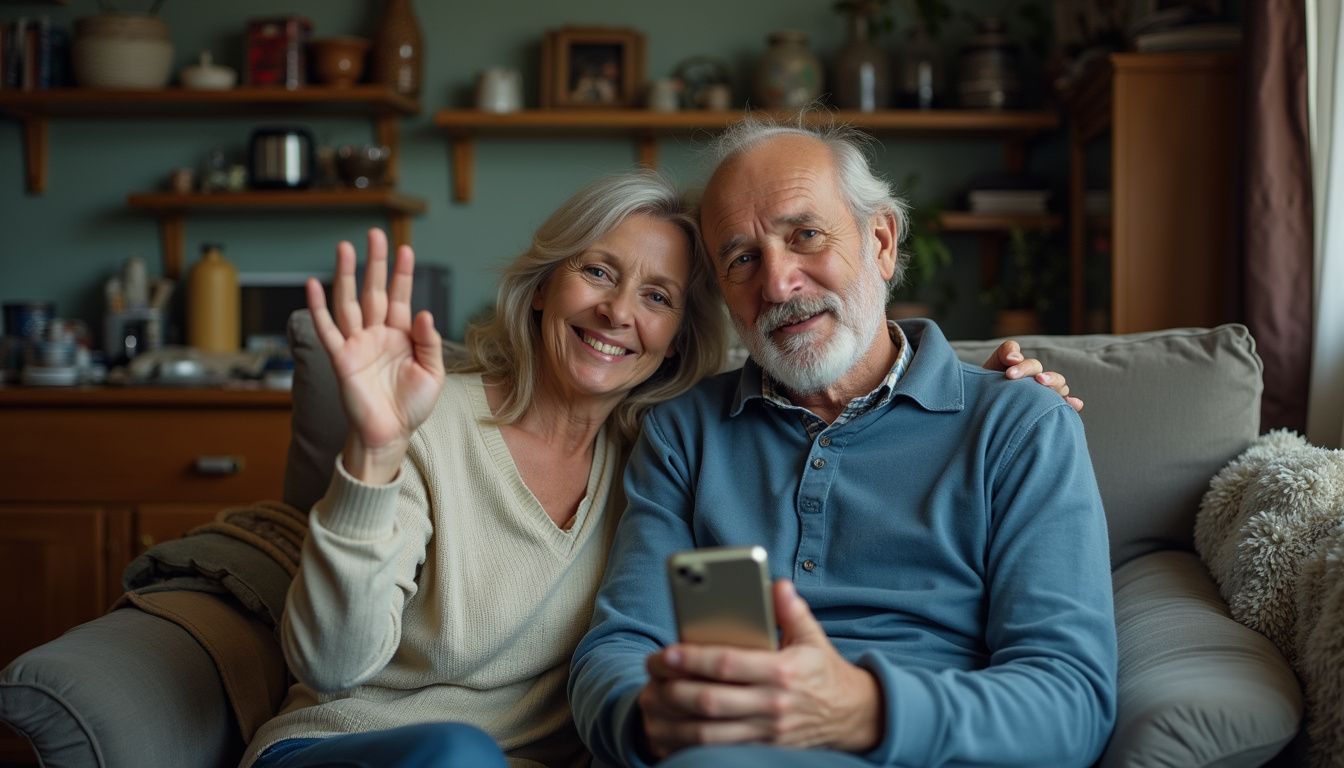 A couple laughs while holding old flip phones in a busy living room.