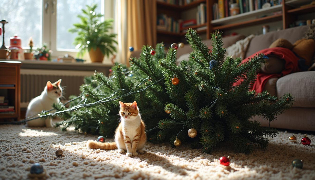 A toppled Christmas tree with tangled lights and ornaments as a confused cat watches.