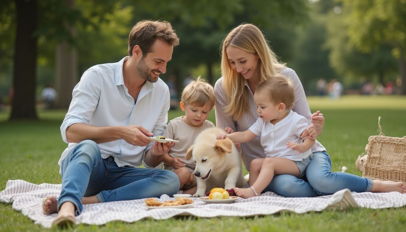 A family picnic while a curious dog noses the food, creating a playful moment.
