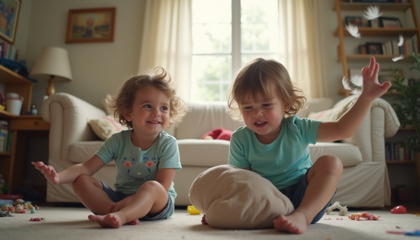 Two siblings in a room full of feathers and toys share a playful, messy moment.