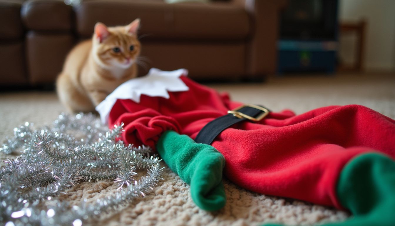 A crumpled elf outfit, tinsel on the floor, and a curious cat peeking from the mess.