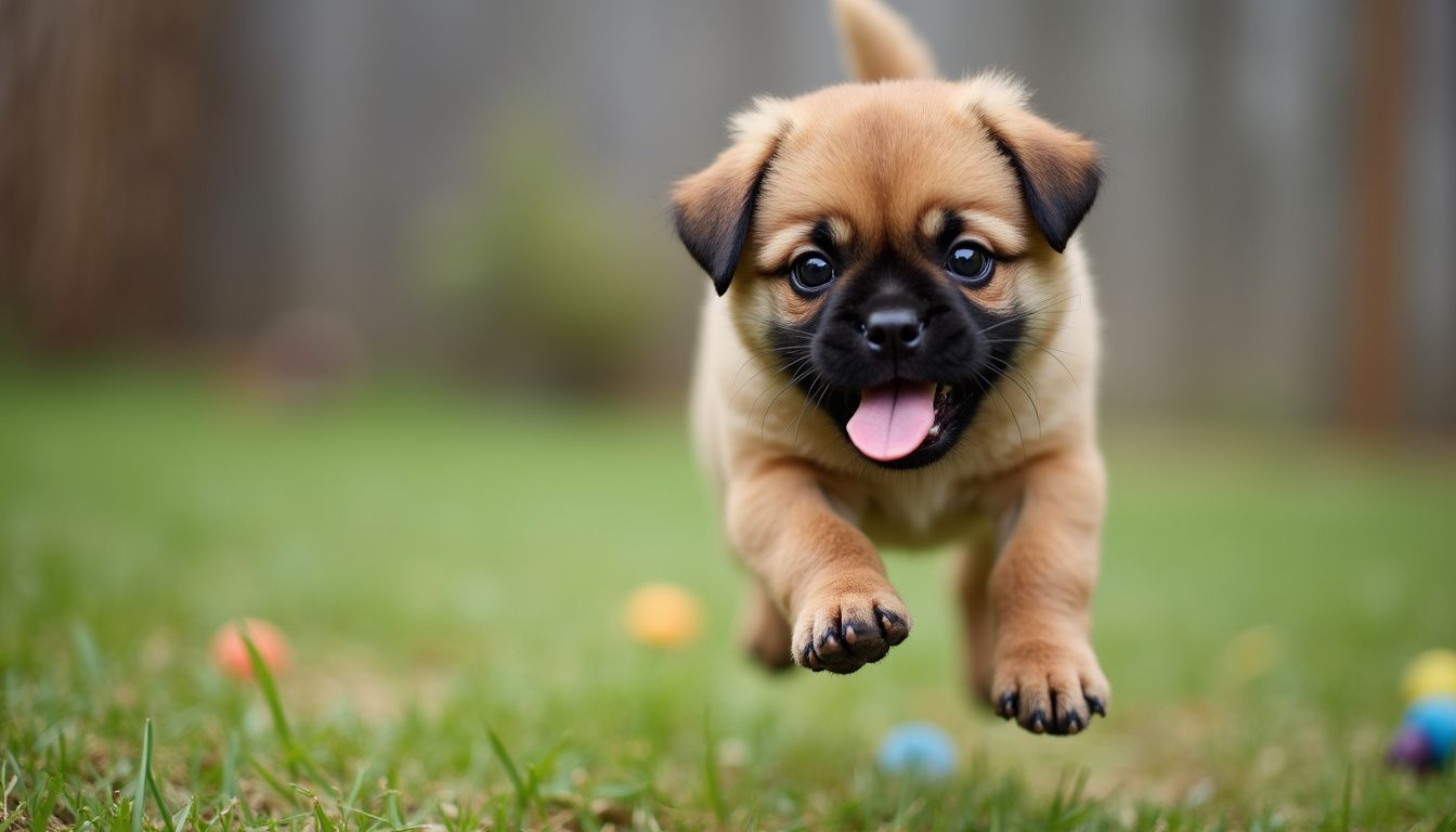 A playful puppy jumps in a backyard filled with toys while the family relaxes nearby.