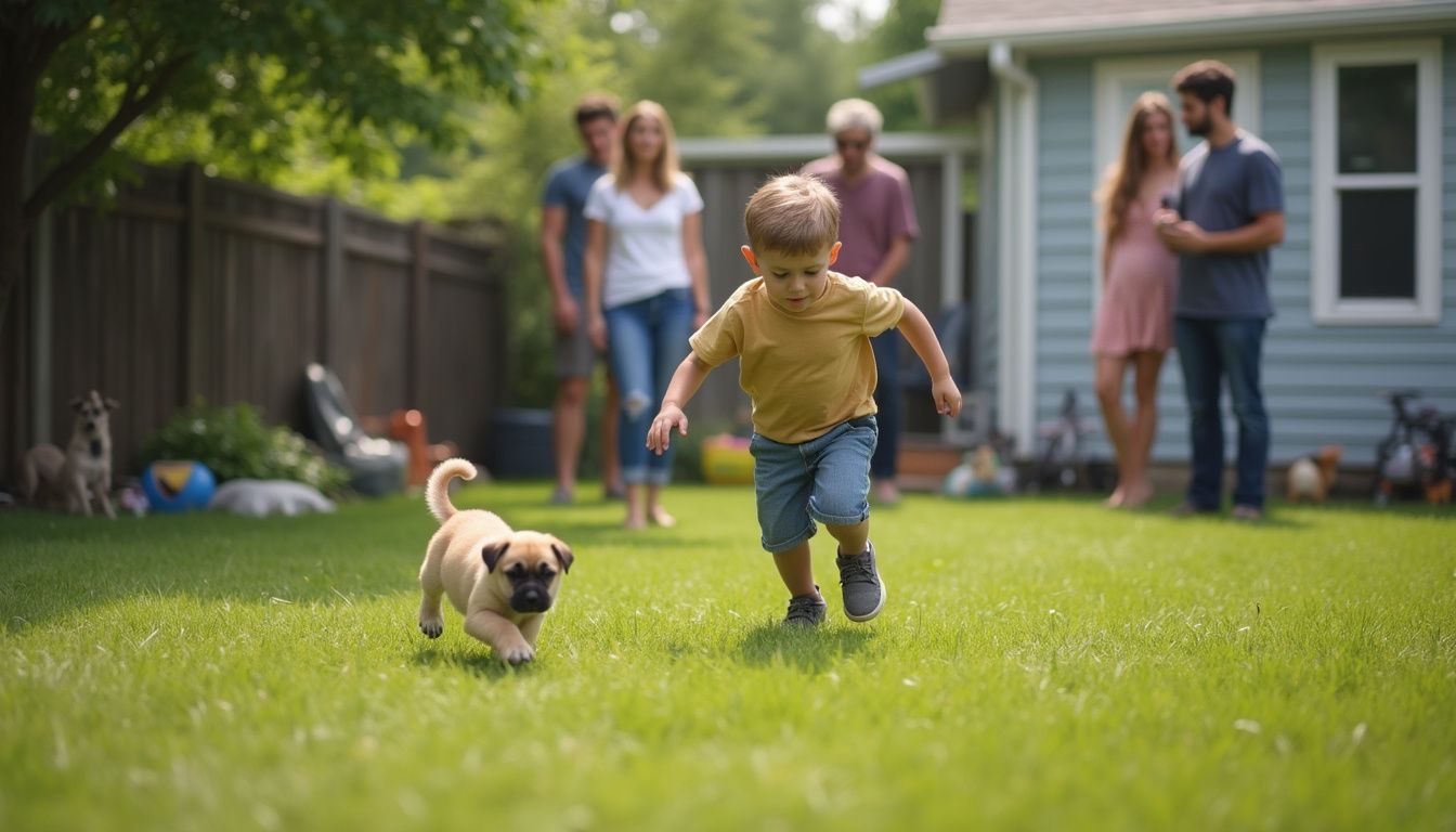 A boy chases a puppy through a backyard while adults chat, creating a natural photobomb.