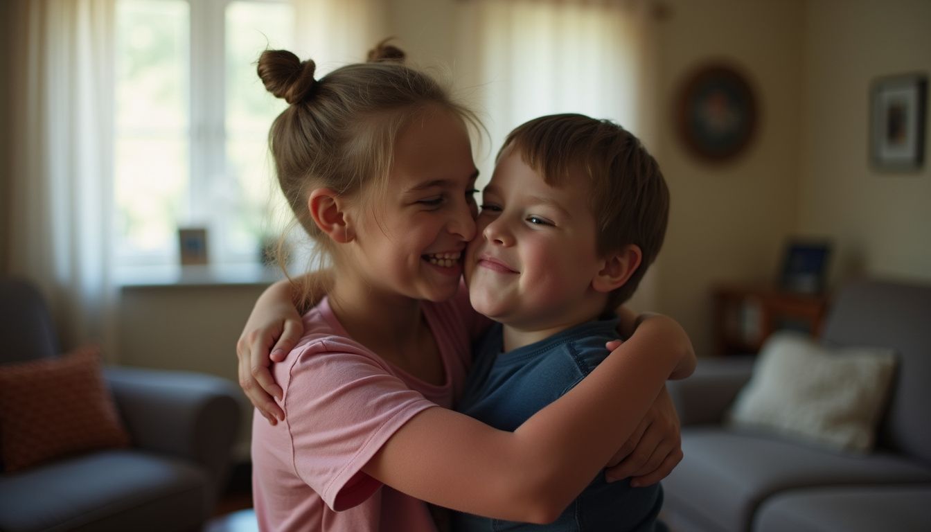 A teen sister hugs her younger brother a bit too tightly in a cluttered living room.