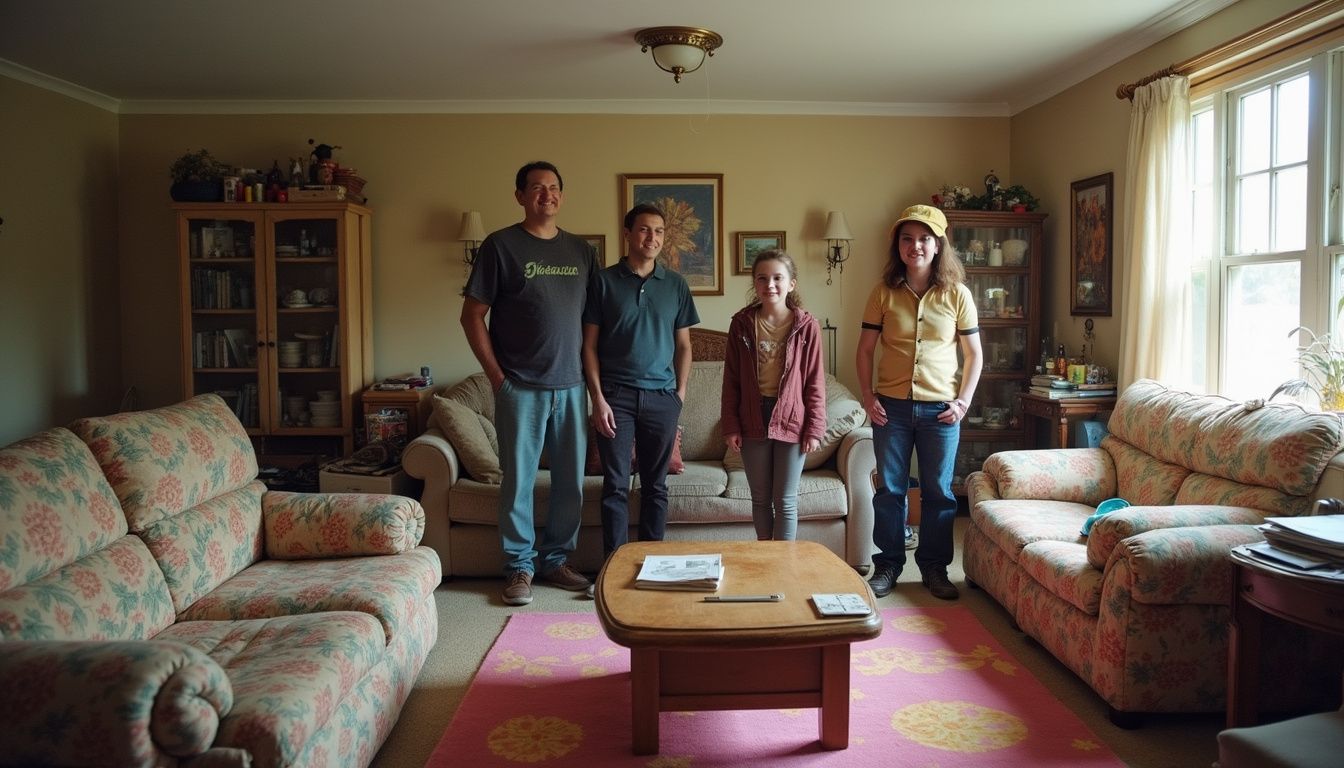 A lived-in living room with a worn couch and people relaxing in a casual scene.