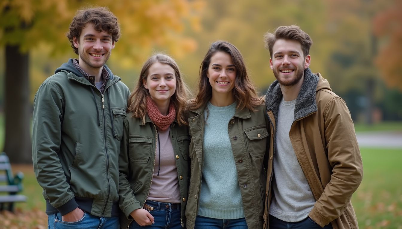 A casual family of four stands in a park, looking relaxed and unposed.