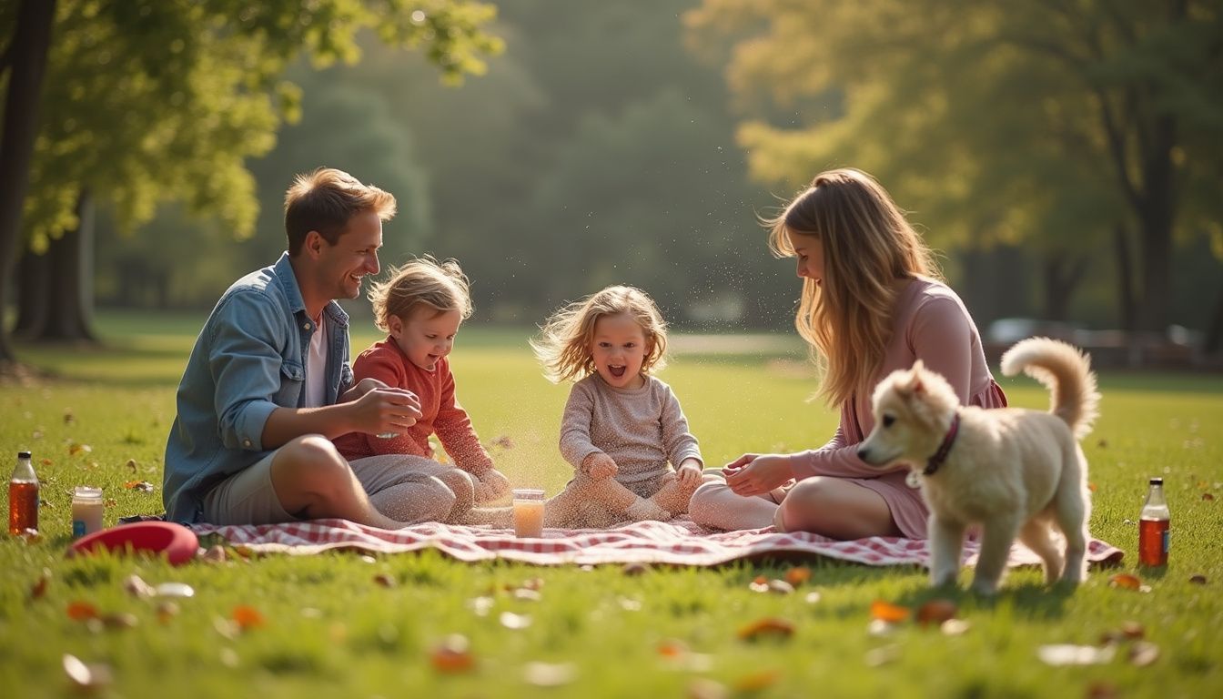 A frisbee knocks over a drink at a family picnic while a dog chases it.