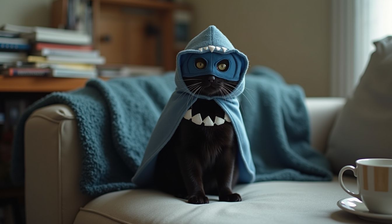 An unimpressed black cat in a shark costume sits on a messy couch.