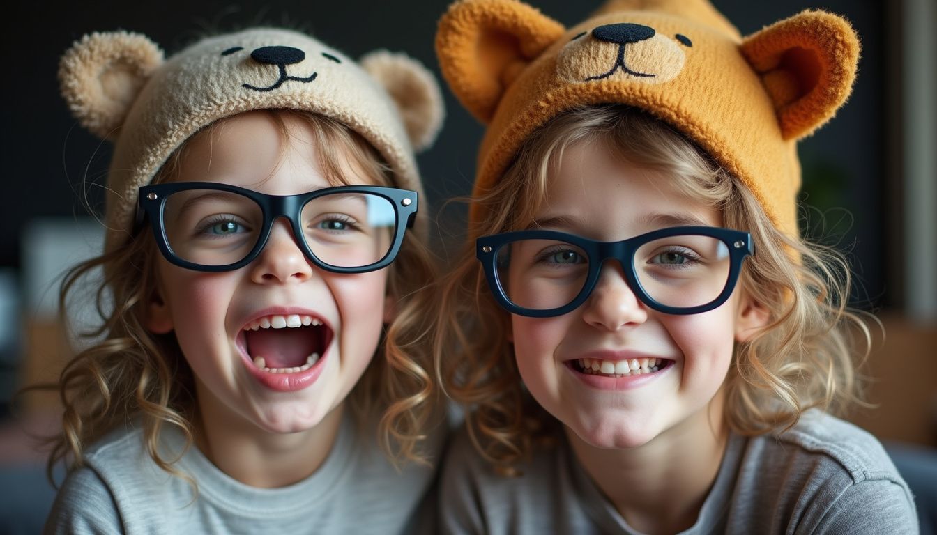 Two siblings wear silly glasses and animal hats in a cluttered family room, laughing.