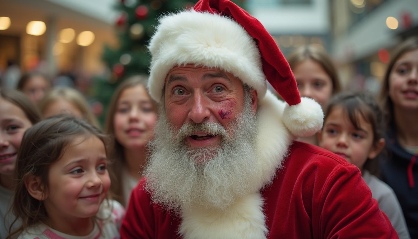 Mall Santa posing while kids cry and the scene looks hectic.
