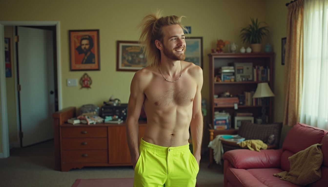 An adult laughs in a cluttered living room while wearing neon parachute pants.