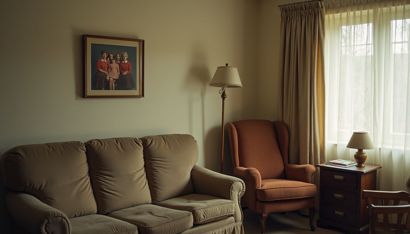 A vintage 1970s living room and a retro family portrait that feels nostalgic.