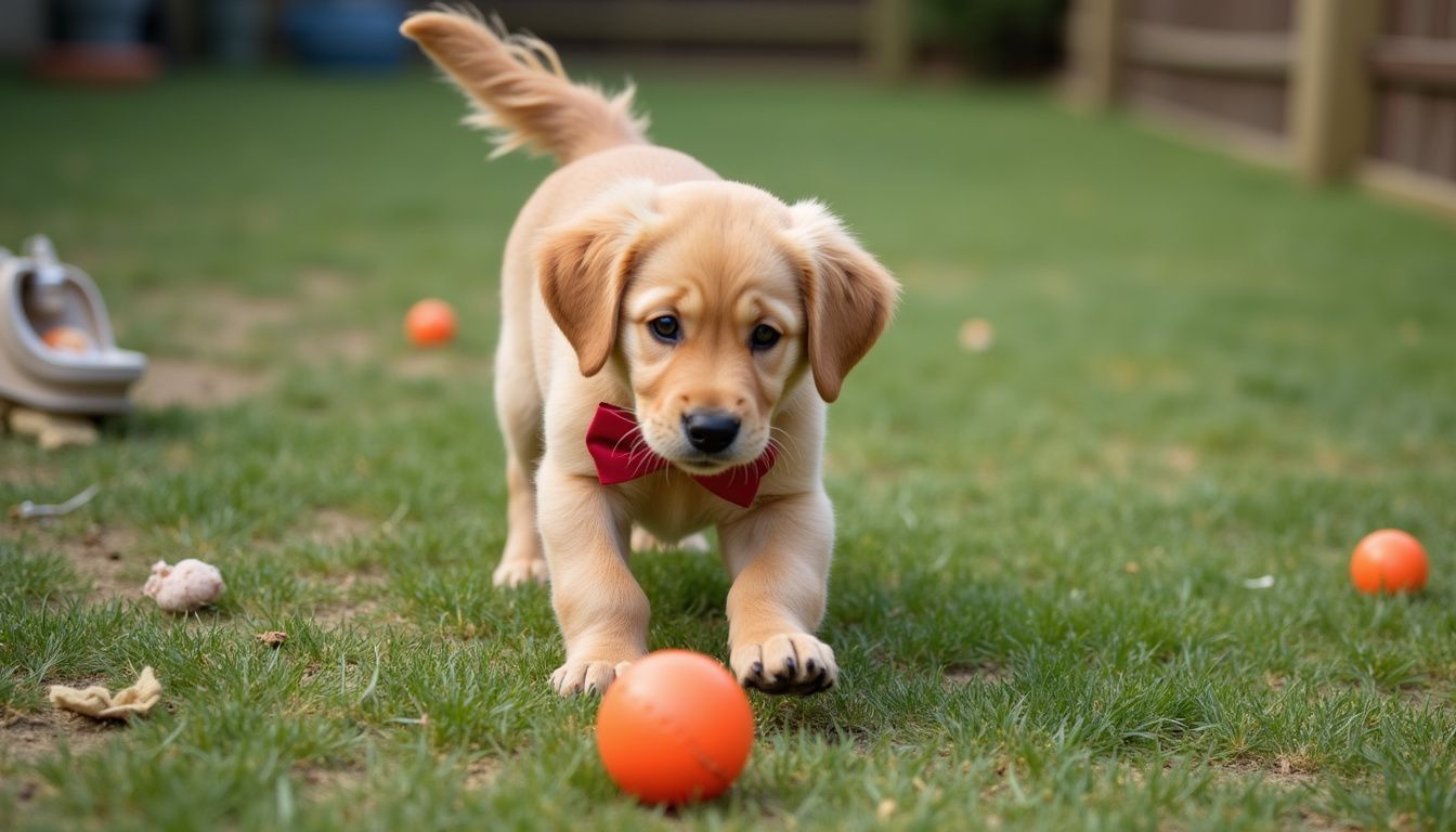A golden retriever puppy with a crooked bowtie chases an orange ball in a backyard.