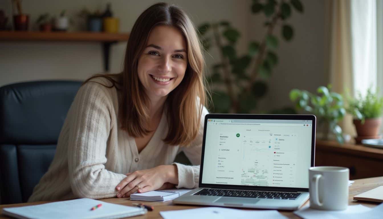 A woman in her thirties sits at a cluttered desk, casually engaging with a laptop about cryptocurrency.