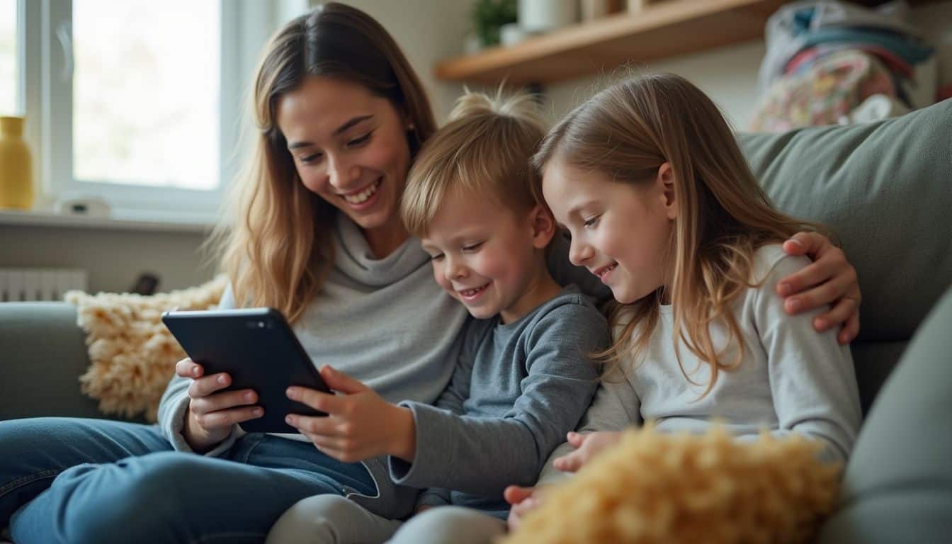 A mom and her two kids engage with a savings app on a tablet amidst a cozy, lived-in living room.