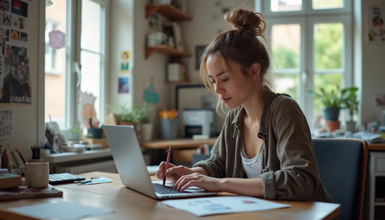 A woman in her 30s works on digital art at a cluttered home office desk, showing a relaxed, focused demeanor.