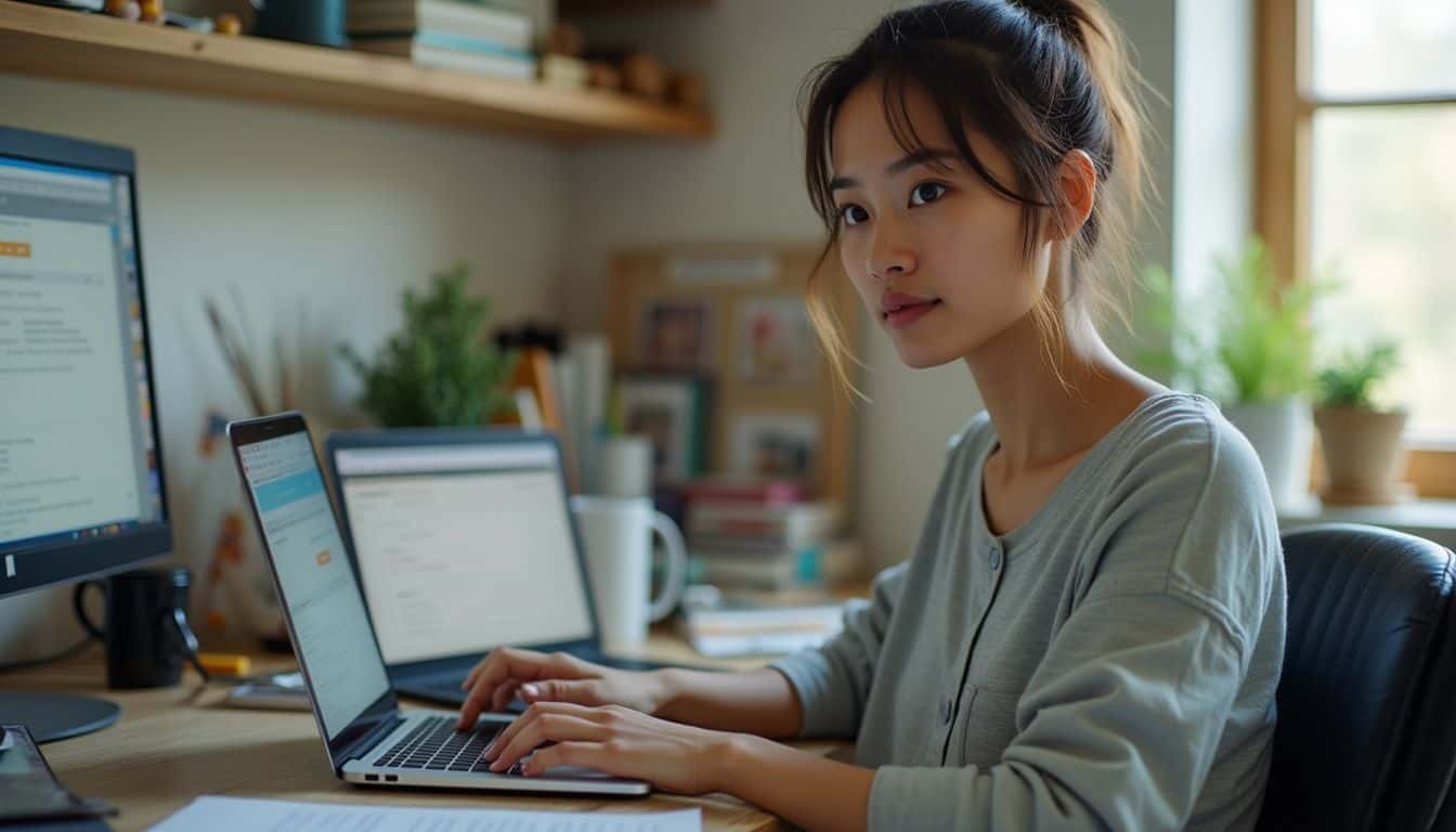 A woman in casual attire works quietly at her cluttered home office desk, focused on her laptop.