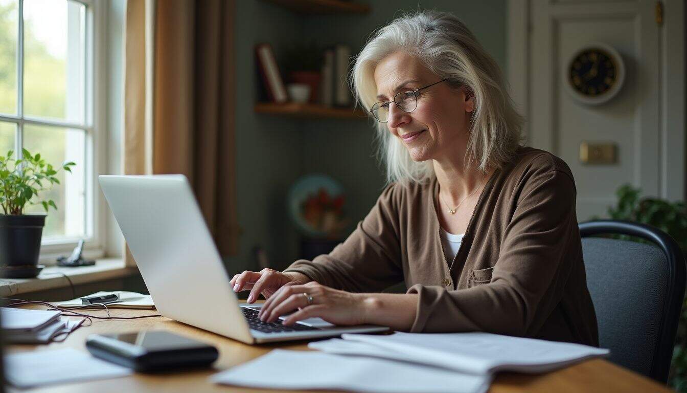 A middle-aged woman casually manages her cryptocurrency accounts at a cluttered home desk.