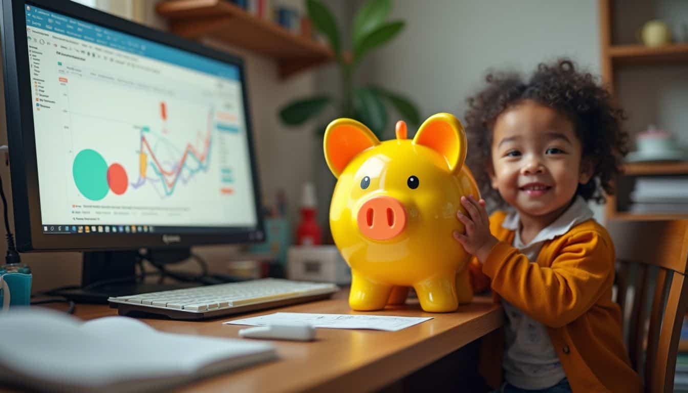 A colorful piggy bank sits on a cluttered desk next to a computer displaying a blockchain diagram, with a relaxed child nearby.