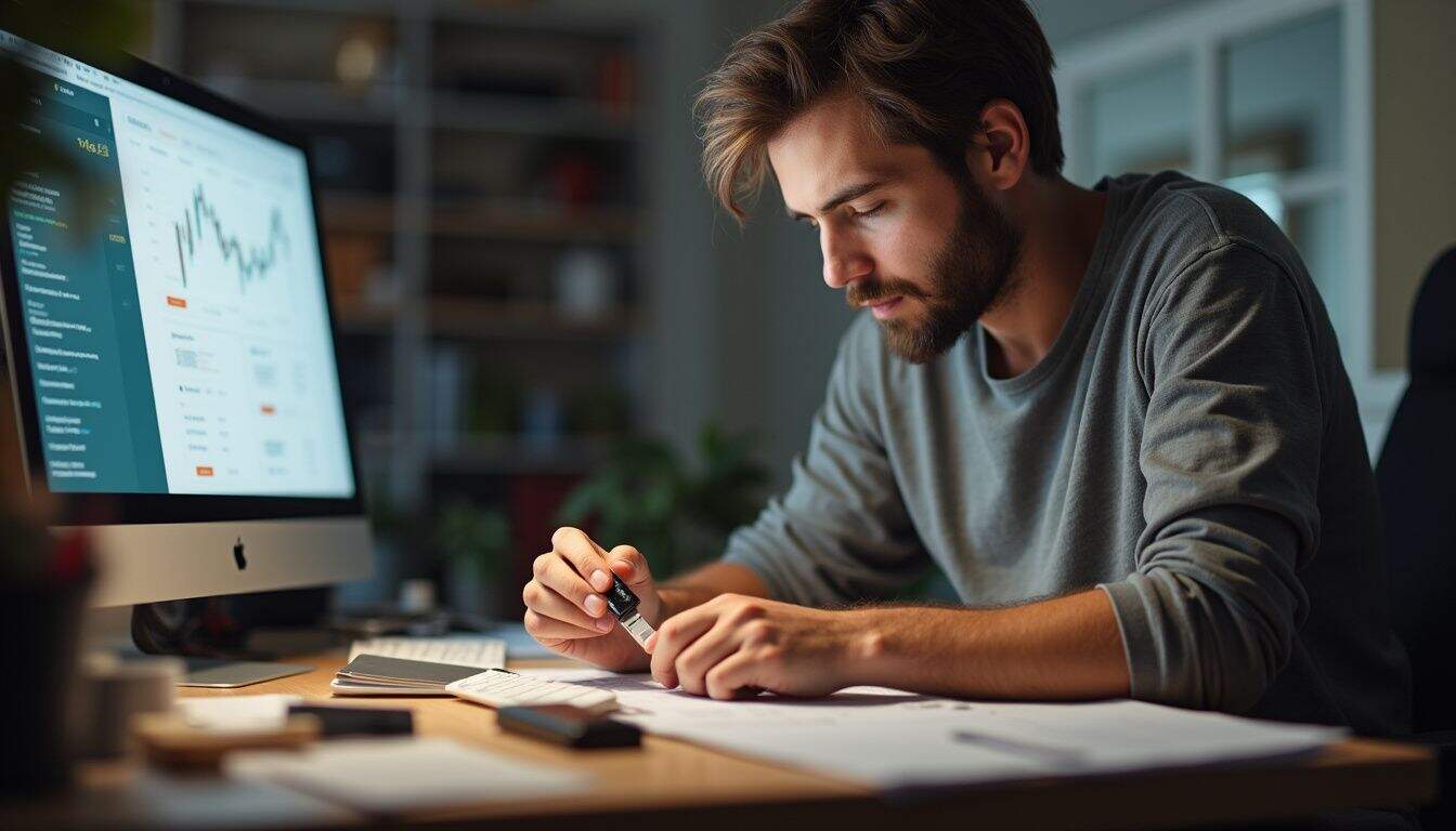 A man in his mid-30s sits at a cluttered desk, focused on connecting a hardware wallet to a USB drive.