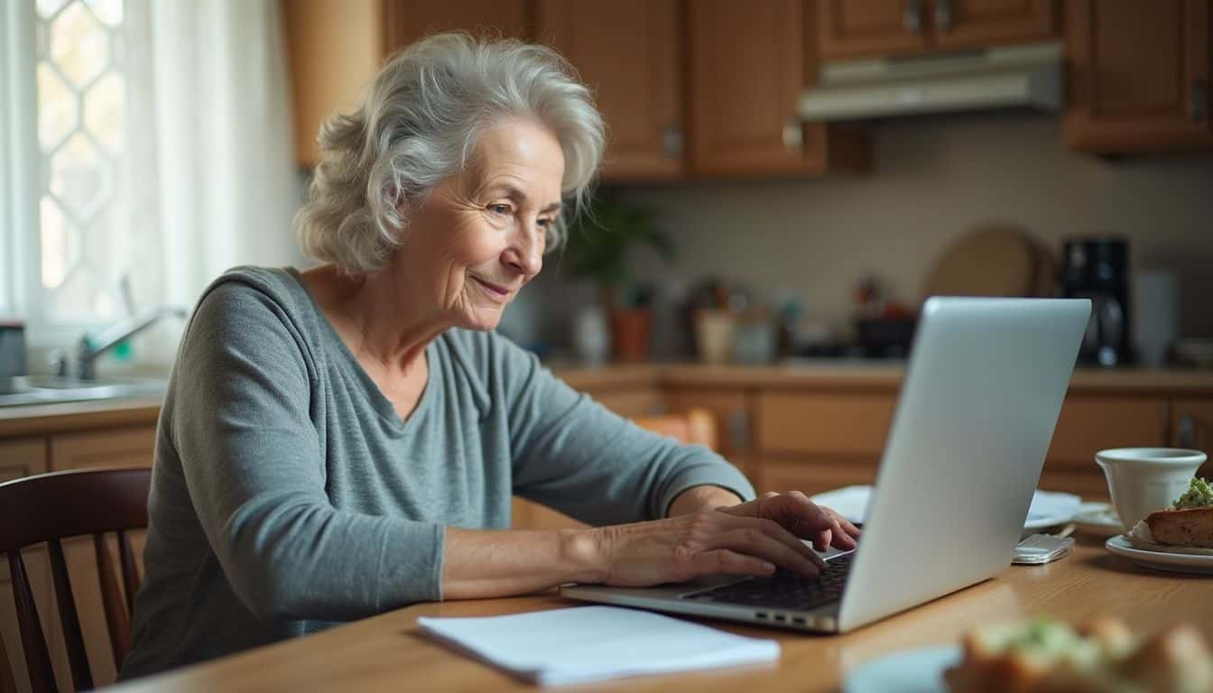 An elderly woman casually thinks while sitting at her messy kitchen table, looking at her laptop.