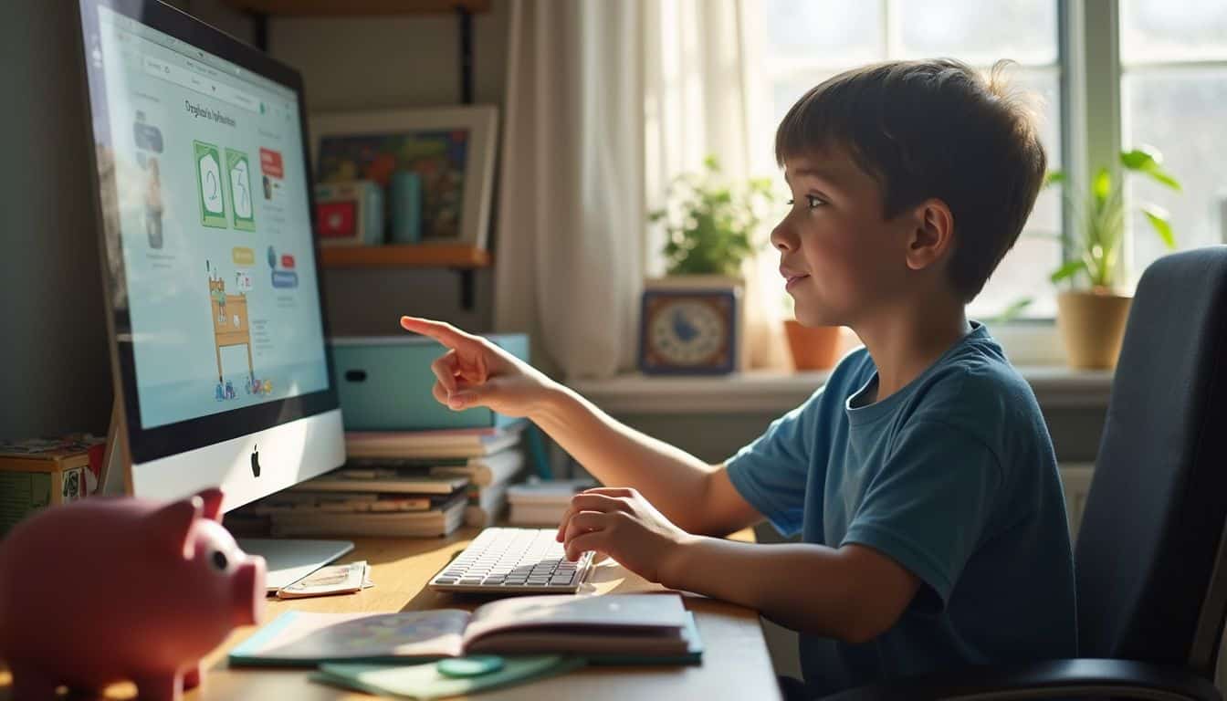 An 8-year-old boy sits at a messy desk, discussing a digital wallet while surrounded by children's books about money.