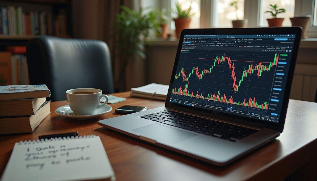 A cozy desk scene features a laptop with crypto charts, financial notes, a coffee cup, and investing books.