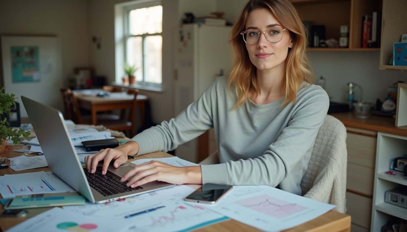 A woman in her 30s works at a cluttered desk, focused on her laptop amidst scattered papers and financial apps.