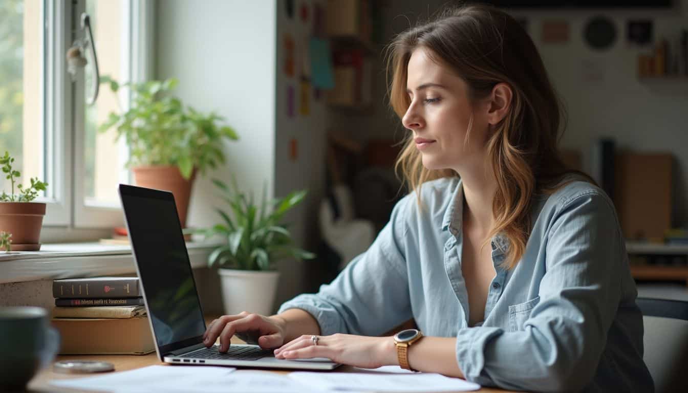 A mom works from her cluttered home office, surrounded by books, a coffee mug, and a small plant.