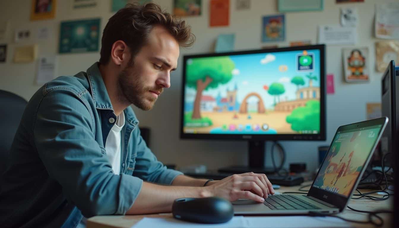 A casually dressed man appears distracted at a cluttered desk, exploring a virtual world game and crypto wallet.