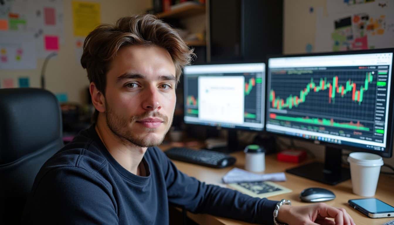 A casual room cluttered with monitors displays cryptocurrency charts and alerts, reflecting everyday DeFi challenges.